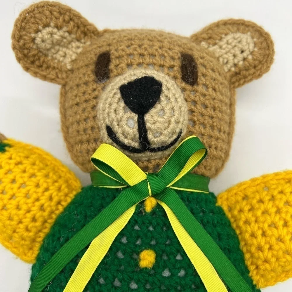 ADORABLE CROCHETED TEDDY BEAR I. GREEN AND BRIGHT YELLOW